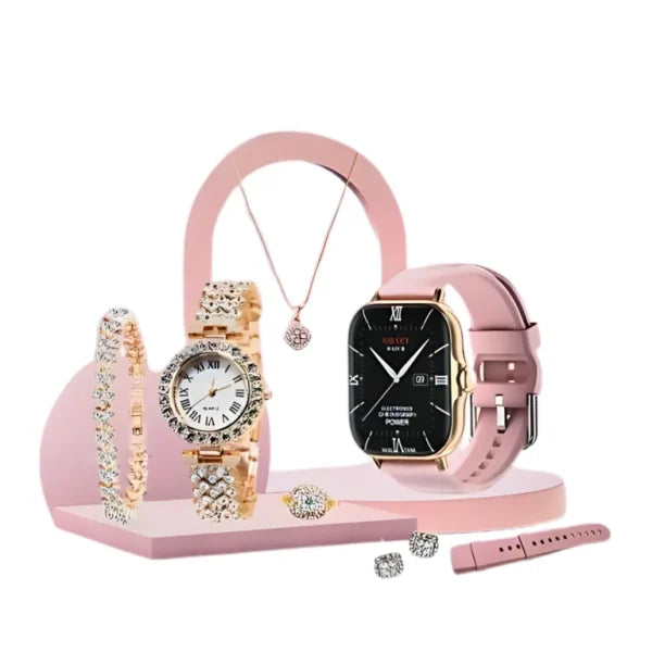 A58 Plus 6-in-1 Smartwatch Gift Set ⌚✨ | Luxury Smart Watch + Jewelry Combo 🎁 For Women & Girls