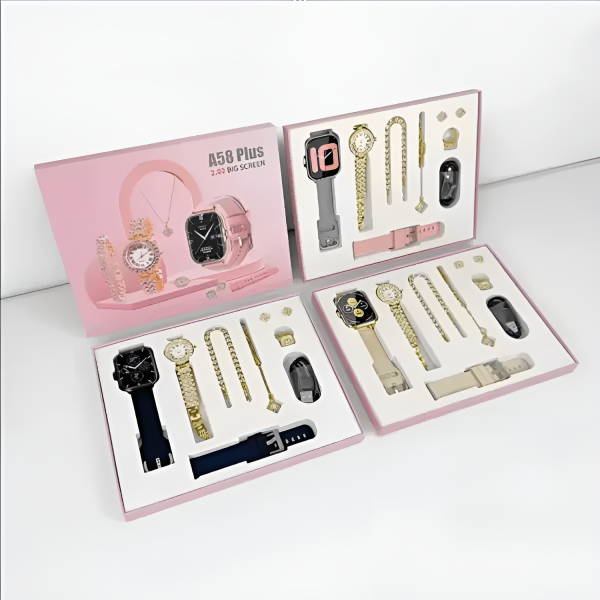 A58 Plus 6-in-1 Smartwatch Gift Set ⌚✨ | Luxury Smart Watch + Jewelry Combo 🎁 For Women & Girls