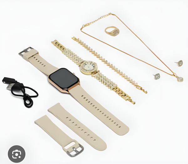 A58 Plus 6-in-1 Smartwatch Gift Set ⌚✨ | Luxury Smart Watch + Jewelry Combo 🎁 For Women & Girls