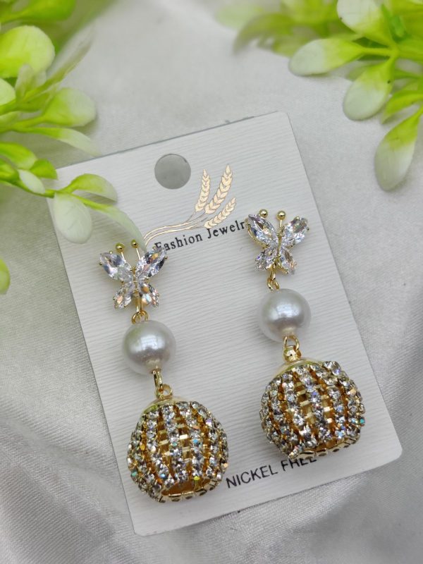 Elegant Butterfly Pearl Drop Earrings with Crystal Sphere Charm | Nickel Free