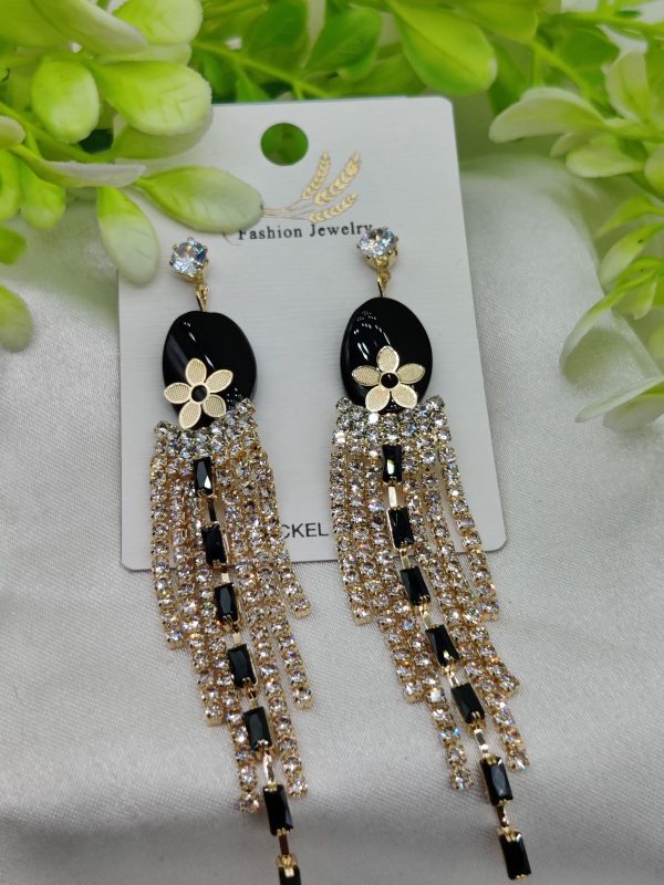 Glamorous Long Tassel Earrings with Black Stone & Crystal Rhinestones – Nickel Free