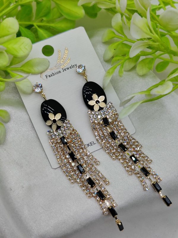 Glamorous Long Tassel Earrings with Black Stone & Crystal Rhinestones – Nickel Free