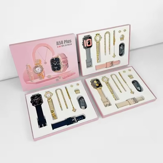 A58 Plus 6-in-1 Smartwatch Gift Set ⌚✨ | Luxury Smart Watch + Jewelry Combo 🎁 For Women & Girls