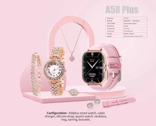 A58 Plus 6-in-1 Smartwatch Gift Set ⌚✨ | Luxury Smart Watch + Jewelry Combo 🎁 For Women & Girls