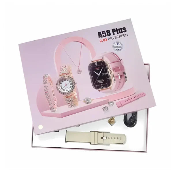 A58 Plus 6-in-1 Smartwatch Gift Set ⌚✨ | Luxury Smart Watch + Jewelry Combo 🎁 For Women & Girls