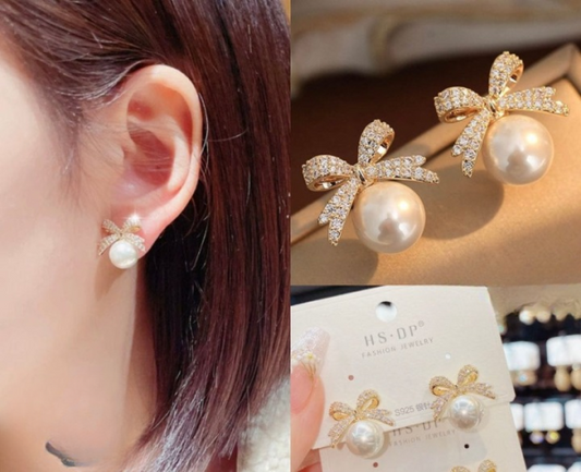 "Bow Sparkle Diamond Pearl Stud Earrings – Elegant Jewelry Gift for Women"