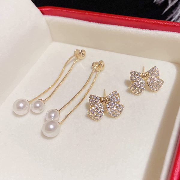 Elegant Bow Pearl Drop Earrings – Sparkling Zircon & Pearl Dangle for Women