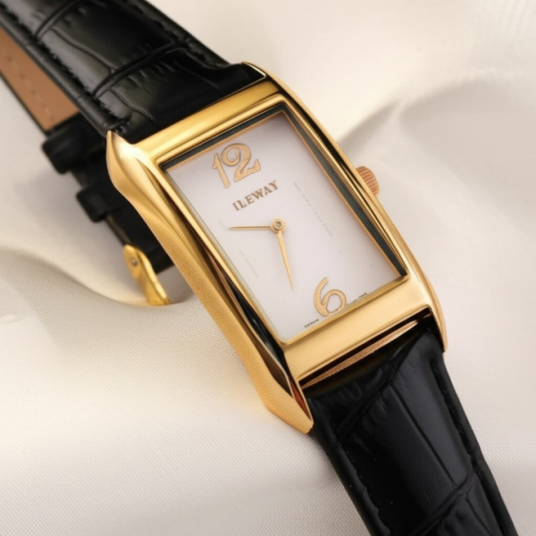 ILEWAY Luxury Rectangle Dial Watch ⌚ | Gold Case & Black Leather Strap