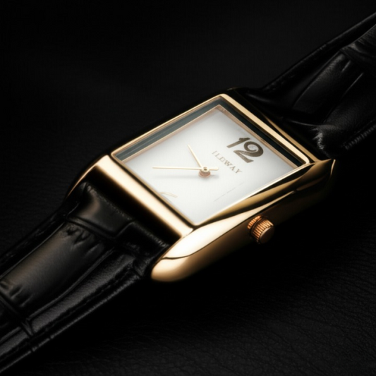 ILEWAY Luxury Rectangle Dial Watch ⌚ | Gold Case & Black Leather Strap