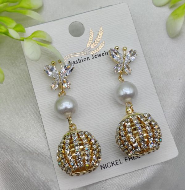 Elegant Butterfly Pearl Drop Earrings with Crystal Sphere Charm | Nickel Free
