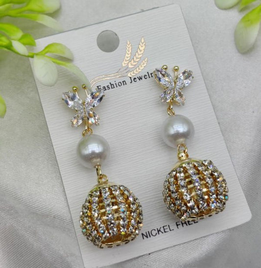 Elegant Butterfly Pearl Drop Earrings with Crystal Sphere Charm | Nickel Free