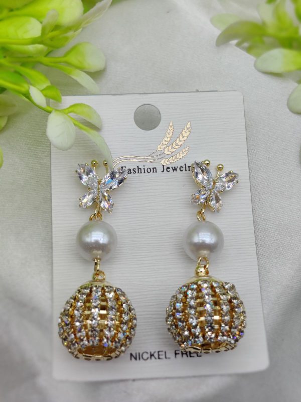 Elegant Butterfly Pearl Drop Earrings with Crystal Sphere Charm | Nickel Free