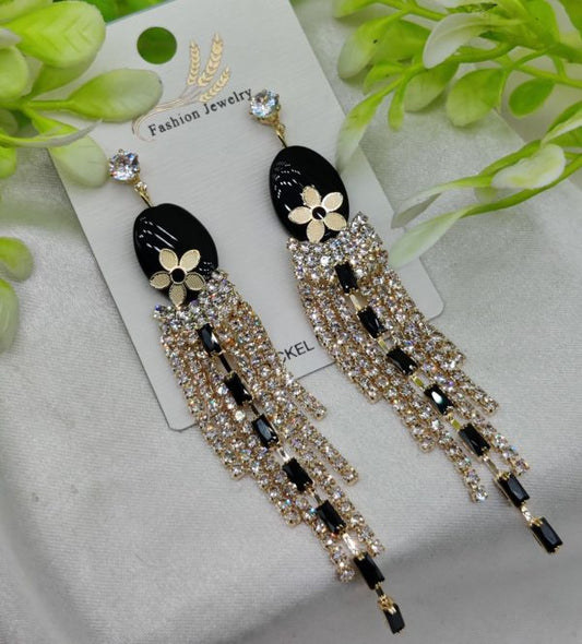 Glamorous Long Tassel Earrings with Black Stone & Crystal Rhinestones – Nickel Free
