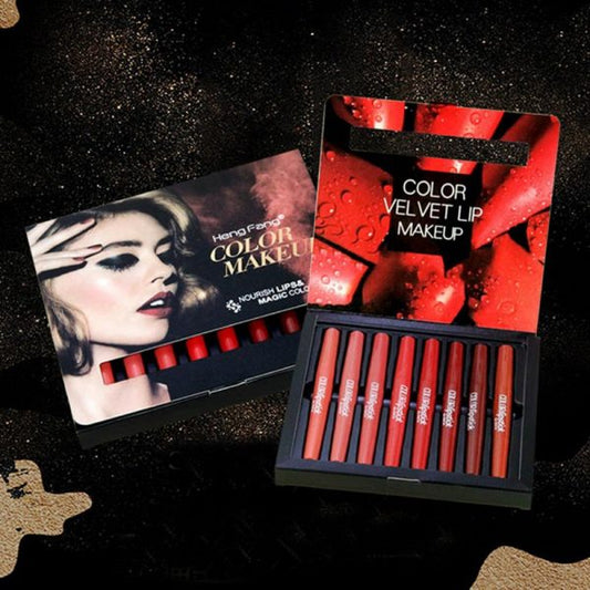 Pack of 8 – 2-in-1 Matte Lipstick & Lip Liner Set 💄 | Waterproof & Long-Lasting Velvet Lip Makeup