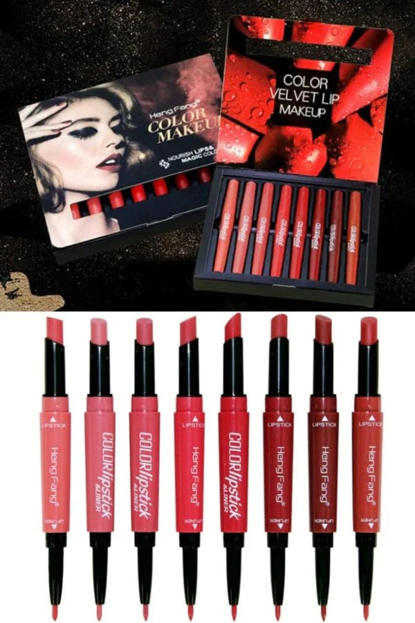 Pack of 8 – 2-in-1 Matte Lipstick & Lip Liner Set 💄 | Waterproof & Long-Lasting Velvet Lip Makeup