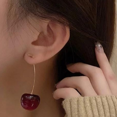 Trendy Korean Cherry Drop Earrings for Women – Cute Minimalist Red Cherry Dangle Jewelry for Casual & Party Outfits