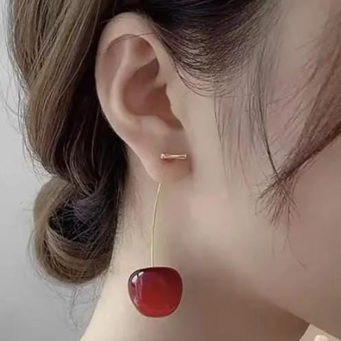 Trendy Korean Cherry Drop Earrings for Women – Cute Minimalist Red Cherry Dangle Jewelry for Casual & Party Outfits